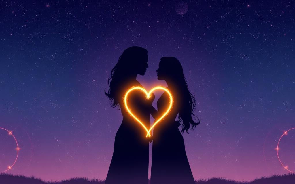 Two silhouetted figures facing each other joined by a glowing heart of light