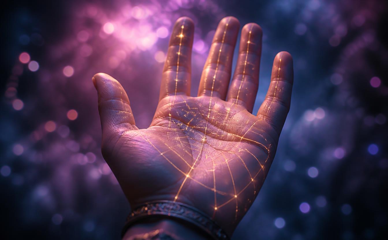 An open human palm with glowing golden palm lines